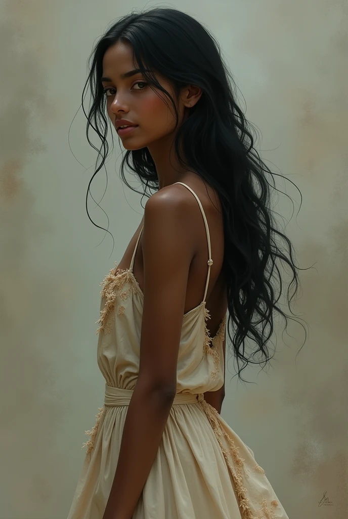 Give me a , languid, soft-boned, gentle and pretty..
That she has black hair and is humble And has clothing made of a dress that is burned and torn That she is a dark-skinned girl 