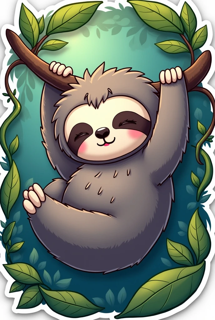 Sleepy Sloth - A sloth hanging from a branch, looking sleepy and adorable, sticker, cartoon style