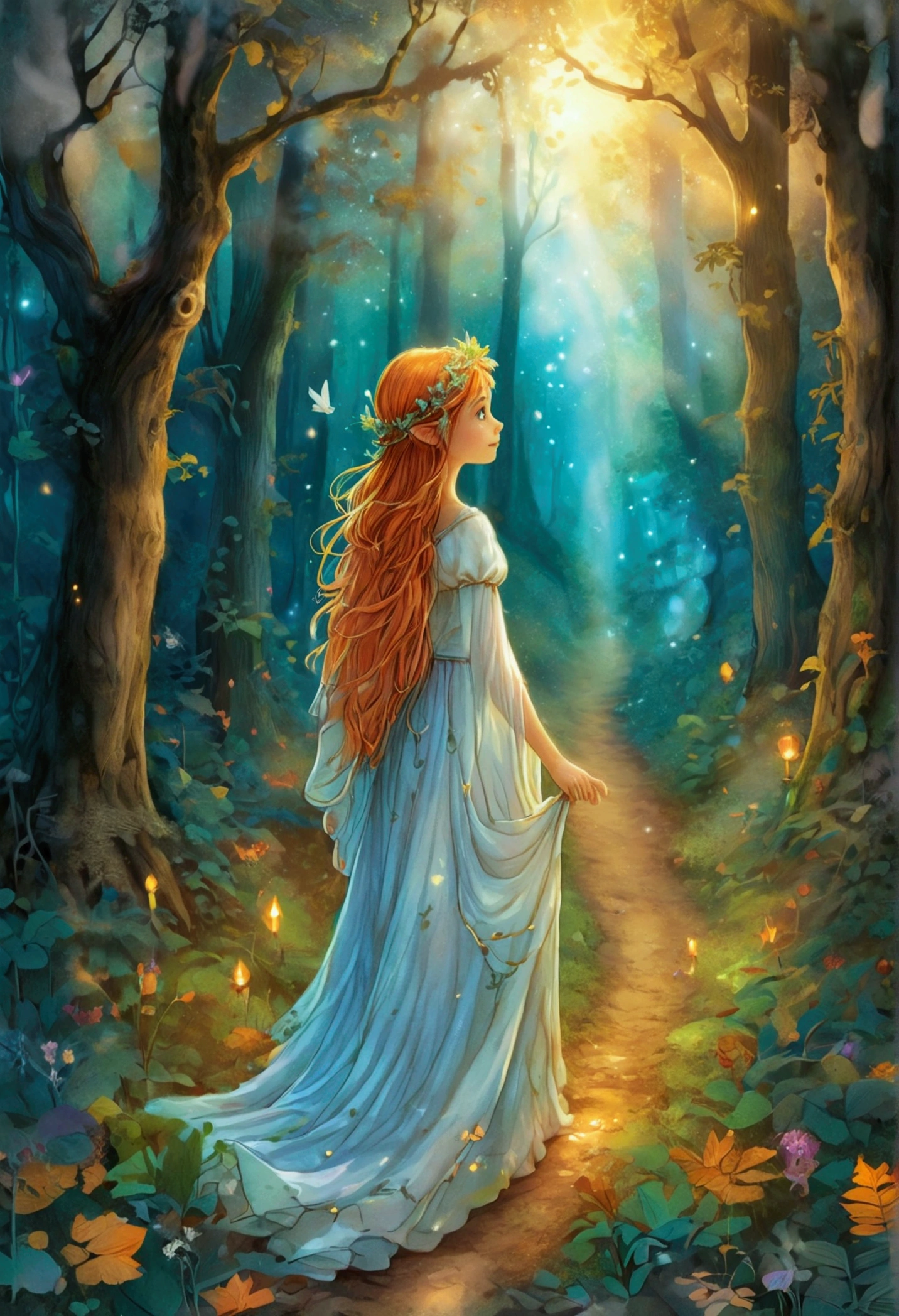 A fairy guiding a lost traveler through the forest with her light, for coloring pages, full white, clean line art, children's style, magic forest background, full body, Sketch style, playful style, children's, coloring page, clean line art, white background, coloring page, clean outline
