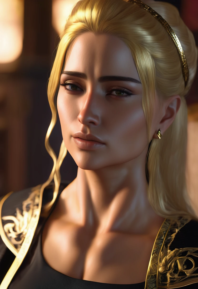 Thicc mommy blonde queen Marika of elden ring one sided hair covering one eye, with stripped black robes and gold hip chain ,Best quality, Ultra detailed, Blender 3d, UNREAL ENGINE 5.4 