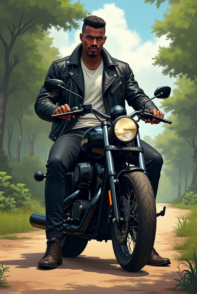 Illustration of a tall black man with fine features, wavy hair cut low, thin moustache, lean but defined and muscular body, sitting on top of a black Yamaha drag star 350cc motorcycle wearing black jeans and a black leather jacket with a white shirt underneath. He is on a dirt road with trees behind, typical of the city of Vitória da Conquista Bahia Brazil.