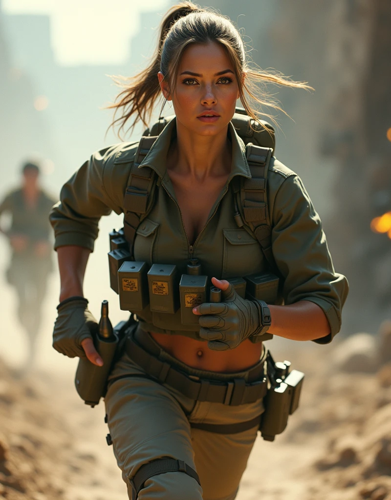 (Photorealism:1.2), sexy woman soldier, Soldier running with ammo can.