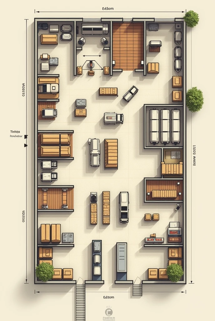Generate a detailed image of a floor plan (mockup) from a company that makes specialty coffees with the following information:
obs: WRITE THE IMAGE DETAILS IN PORTUGUESE Receiving area / conference / Internal material transport routes Storage hacks / addressing Order area / Expedition consolidation / docks Regulations / standards/ set aside areas in case of emergency