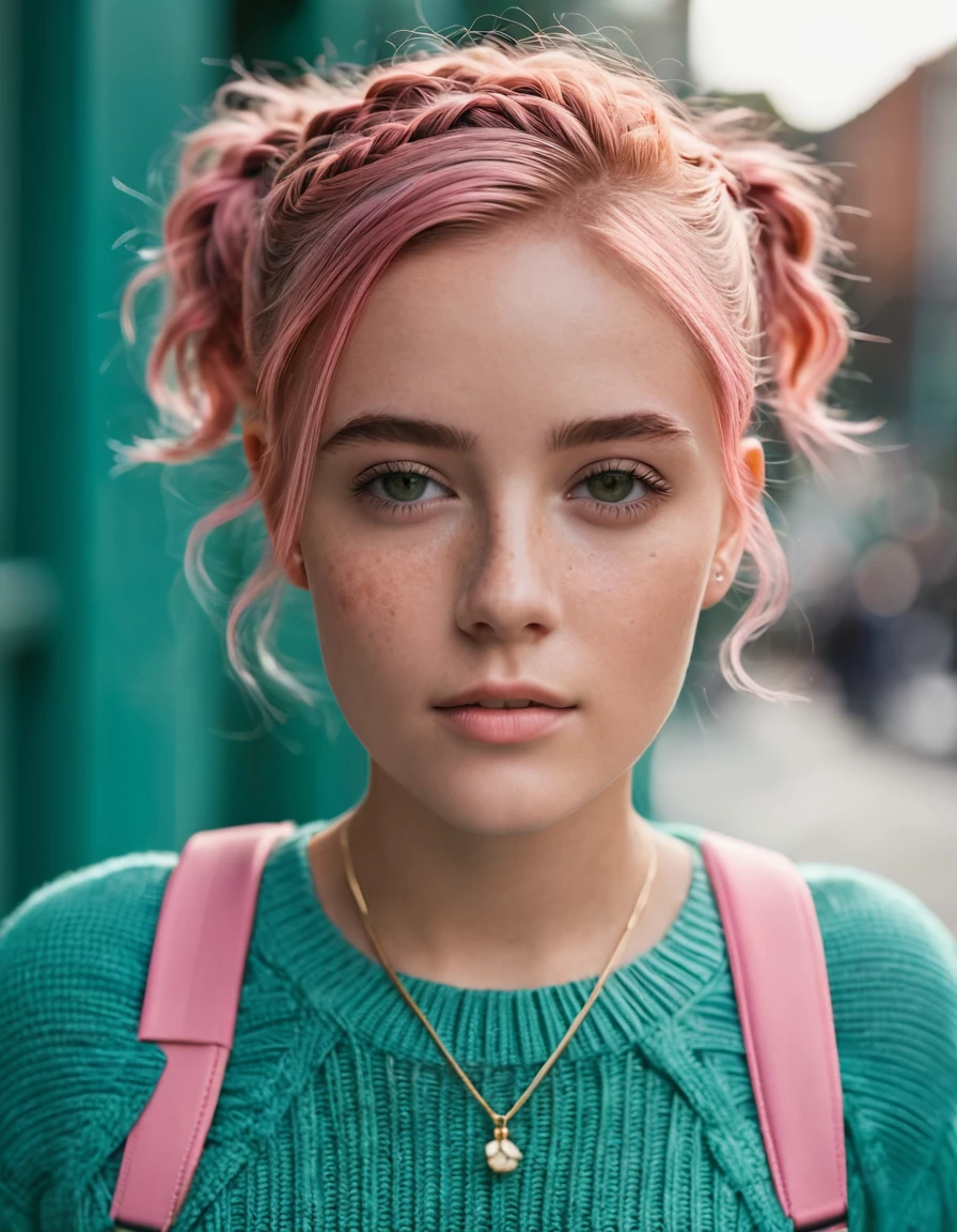 hyper-realistic image of a 20-2 female influencer with soft, delicate facial features, smooth light skin with subtle freckles across her cheeks and nose, and large, expressive brown eyes framed by thick, defined eyebrows. She has full lips with a natural pink tint and a small, slightly rounded nose. Her hair is styled in two high ponytails with a vibrant gradient of colors, starting with bright pink at the roots, blending into orange at the tips, and styled with playful, spiky ends. Her hair is accessorized with a thin, braided headband in teal. She is wearing large, round pink headphones that match the color of her hair. She is dressed in a colorful, oversized knit sweater in shades of green, layered over a teal turtleneck sweater. Around her neck, she wears a necklace with a pendant, and she is also carrying a colorful backpack. The background should reflect a lively urban environment, with soft lighting and vibrant surroundings, capturing her energetic and trendy personality