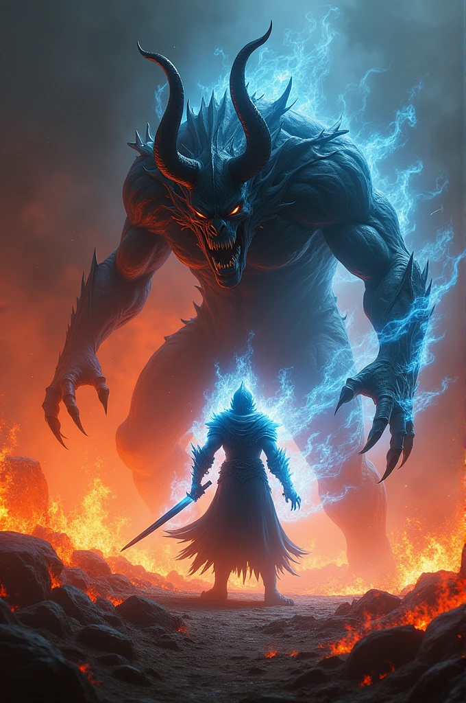 A demon in front of a warrior keeping a sharp short to fight him and every where is on fire and a fire in blue is coming from the warrior in his whole body