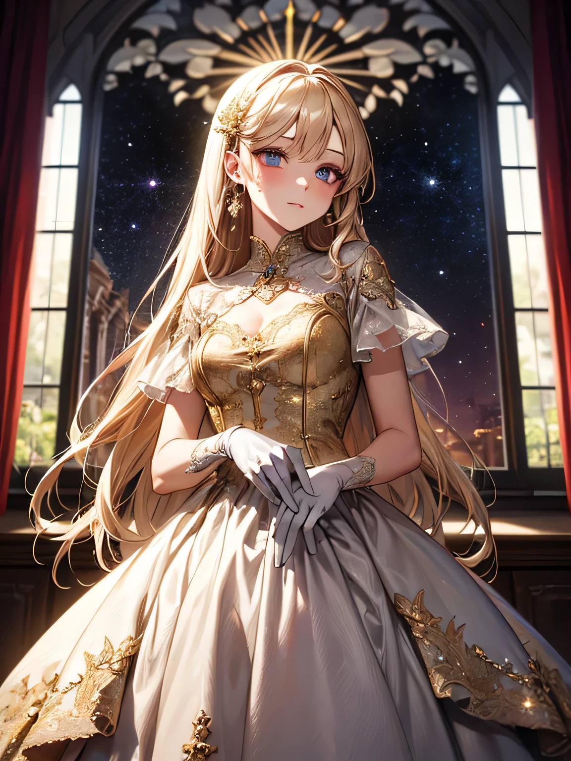Artistic AI Art Galaxy(masterpiece:1.2, Highest quality), (Beautiful, detailed eyes: 1.2), High resolution, (Beautifully detailed face), (One girl:1.2), Blake: A figure in a red and white dress with gold trim.、Standing in front of a window with red curtains and gold ornaments。. The dress is gorgeous and sophisticated., Multi-layer structure. This character has long, flowing hair with flowers, Wearing gloves. She has a noble and delicate character.. The light coming in through the window creates a fantastic atmosphere., The curtains and windows are carefully painted.. It&#39;s a warm image.
