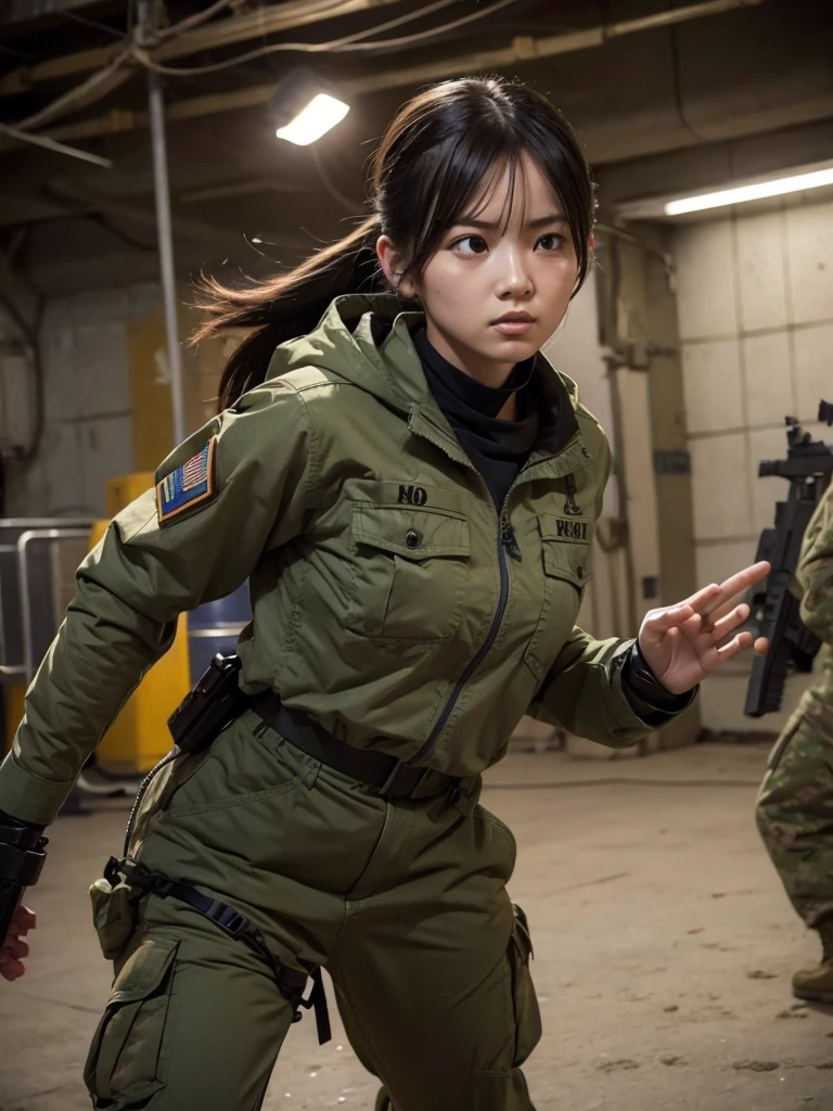 Female soldier fighting enemy soldiers
