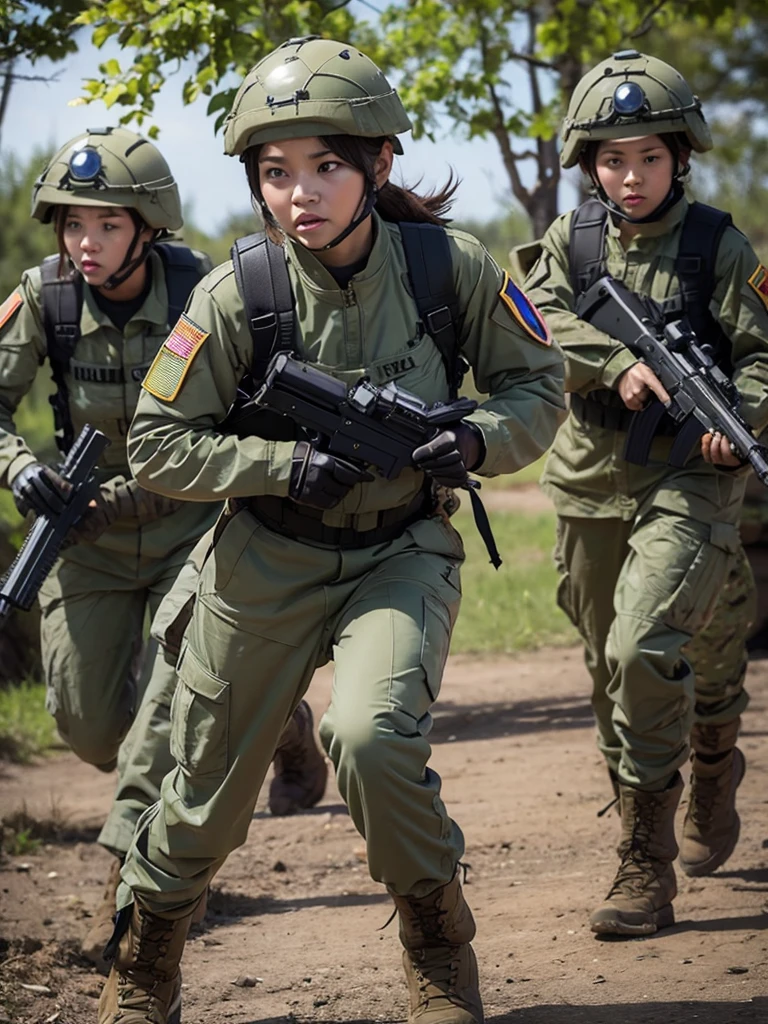 Female soldier fighting enemy soldiers