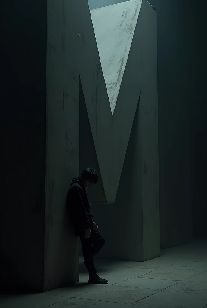 A person leaning on a large letter ‘M,,in a dark room, wearing black clothing, with moody lighting and soft shadows.”