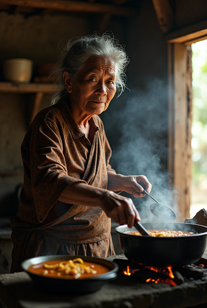 old Indonesian woman in village is cooking in traditional kitchen. Cinematic, HD quality