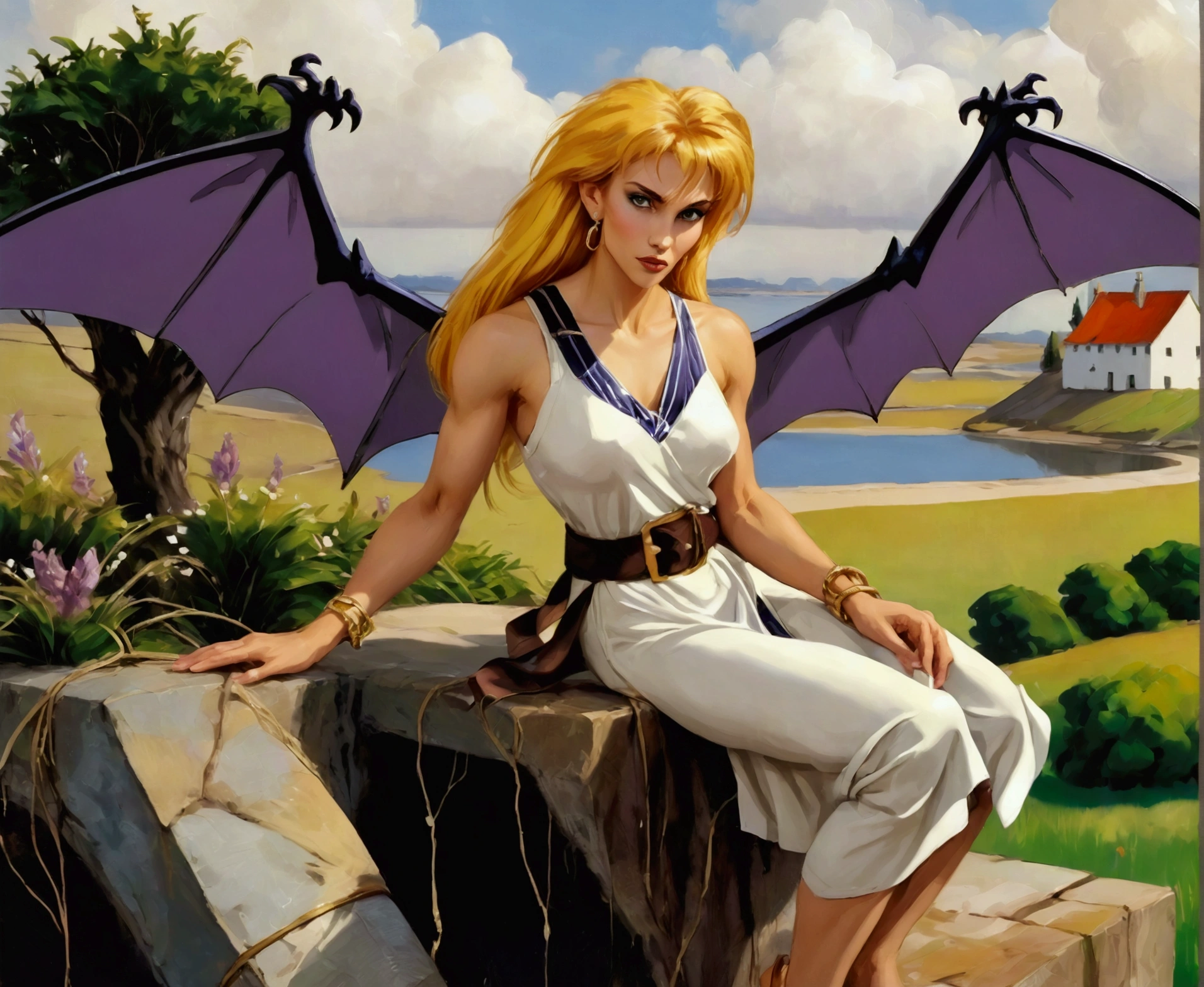 1990s Gargoyle In The Animation Style Of Gargoyles: The Goliath Chronicles. Female Gargoyle Character With A Humanoid Form, Lavenderskin, & Bat-Like Wings. She Has A Sleek, Build With Sharp Claws On Her Hands & Feet, Pointed Bat-Like Ears, And A Long, Slender Tail. Her Face Is Sultry With Large, Almond-Shaped Eyes, A Defined Nose, & A Soft Jawline. She Wears A Cream-Colored Tunic With A Golden Belt At The Waist, Along With Gold Hoop Earrings & A Gold Bracelet. Her Golden Blonde Hair Is Voluminous And Styled In A Braid That Falls Down Her Back. The Setting Should Have A Night-Time, Gothic Vib
