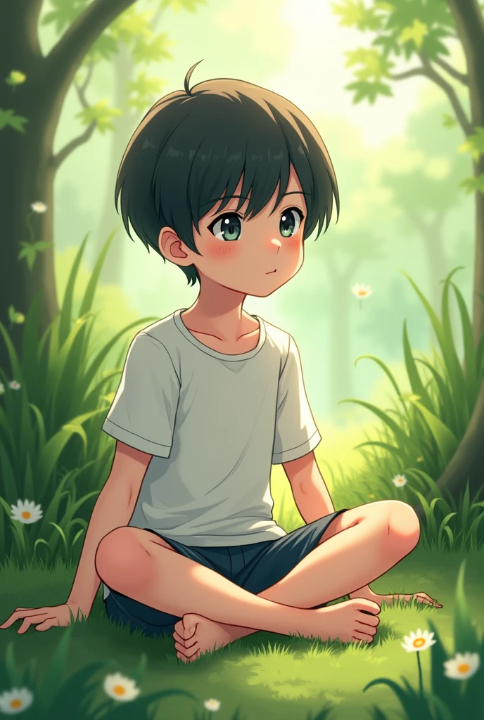 Anime cute boy with white ti shirt and black hair sit on a green wild