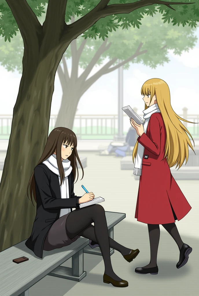 A young woman was sitting under a large tree in a public park. The young woman was wearing a black coat and a white scarf. Her long dark brown hair covered her face. Beside her was a small notebook. She seemed to be concentrating on what was in the notebook. A young woman with long golden hair, wearing a bright red coat and a white scarf, walked over to greet her.