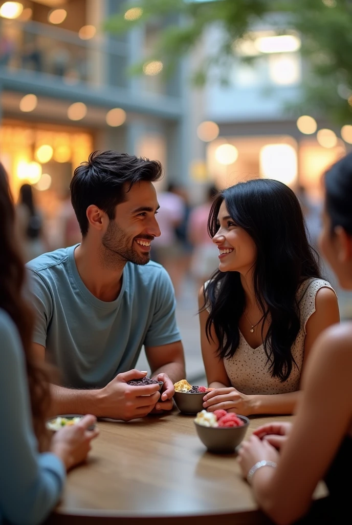 Realistic man and wife 25-3, At the mall, black hair eating açaí , with friends Ultra HD, high qualiy, best qualityer, high resolution, 8k, 16K