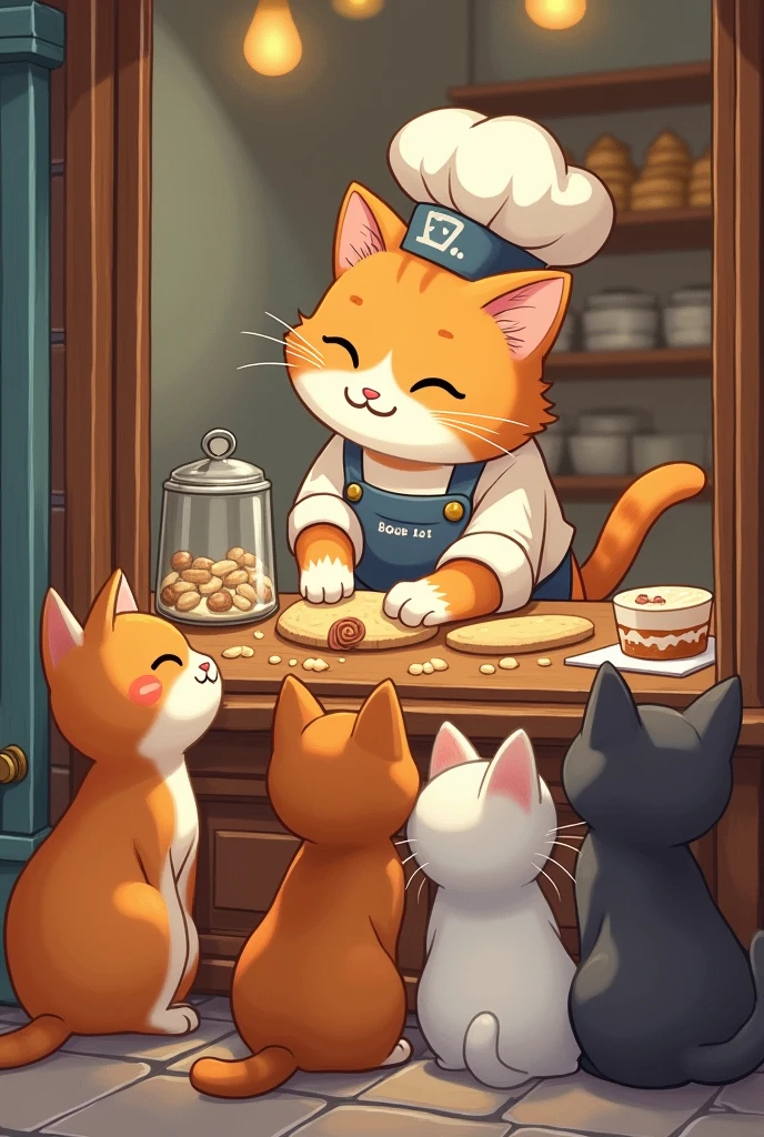 A little baker cat is making bread and pastries in front of the shop window, while your cat clients are watching and admiring