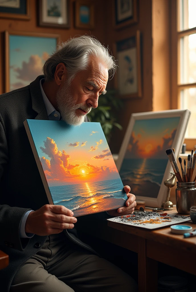 Old man holding painting of sea and sunrise