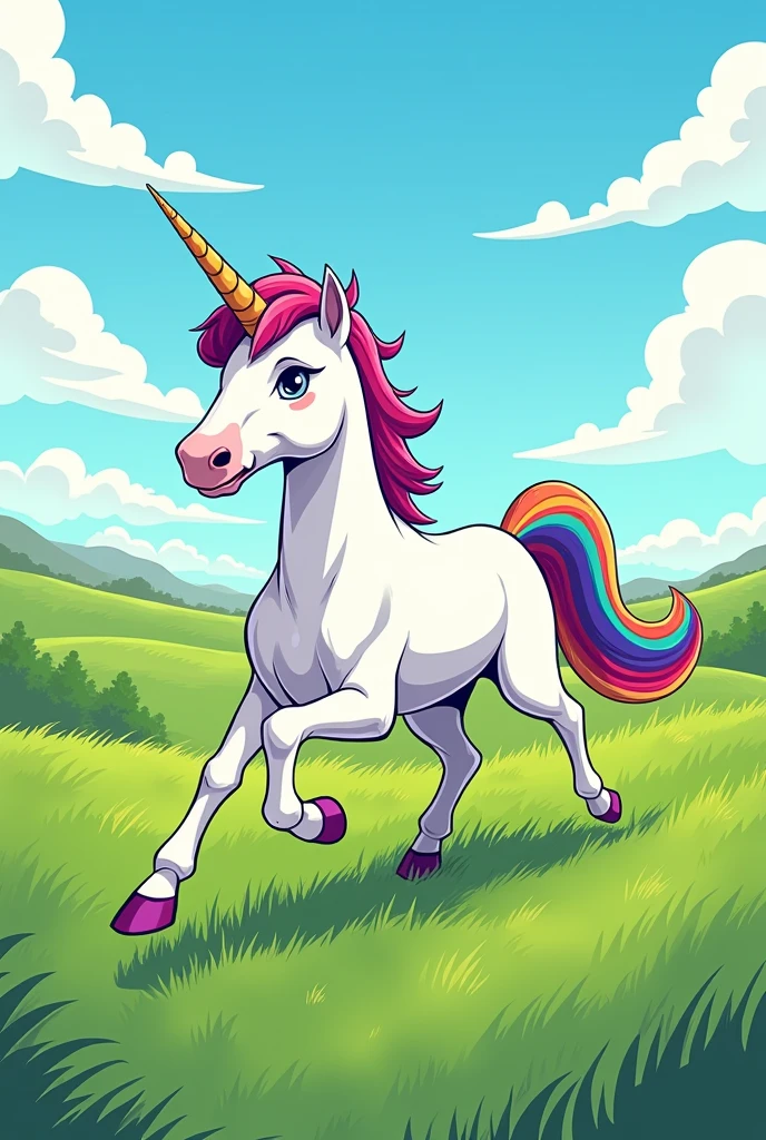 Unicorn with grass in mouth galloping with rainbow tail rainbow mane simple comic style 