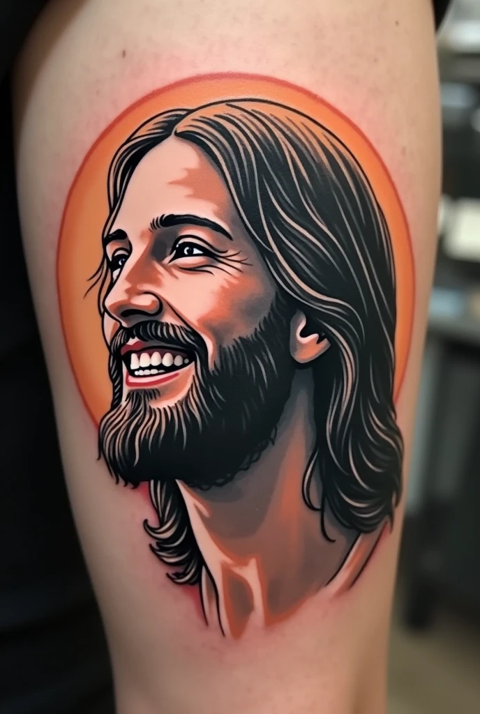 Tattoo of Jesus Christ smiling in profile