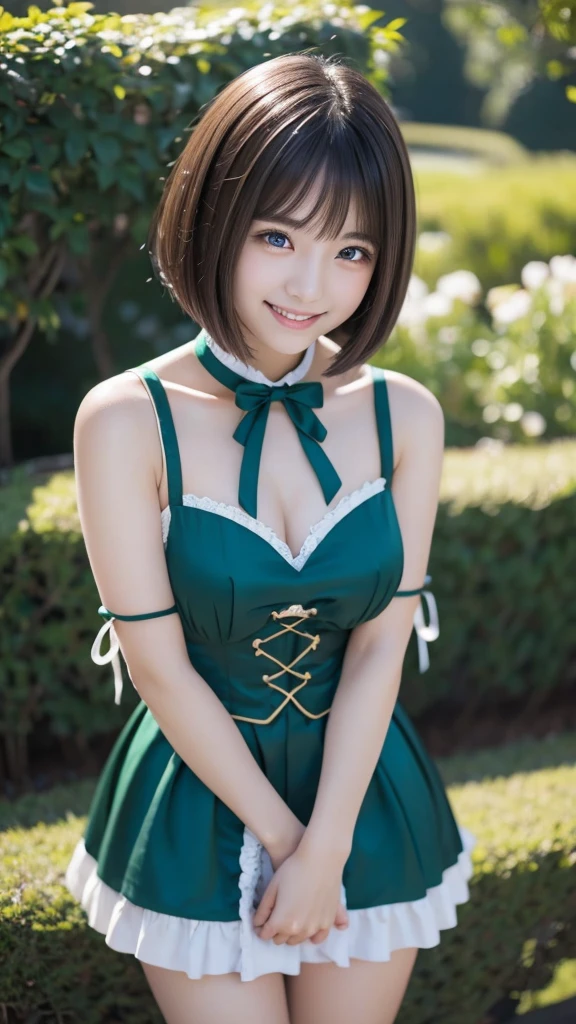 Japanese girl、ars old、erson、（（Bob cut hair:1.3））、（Small breasts:1.3）、Full body shot、Highest quality,High resolution,Super detailed,8k、,超High resolution,La Highest quality:1.4, Realistic:1.4, Skin Texture:1.4, masterpiece:1.8,First Job, Highest quality,( Finger details:1.4),( Perfect Anatomy)、Cute pose、smile、Emerald maid outfit、garden