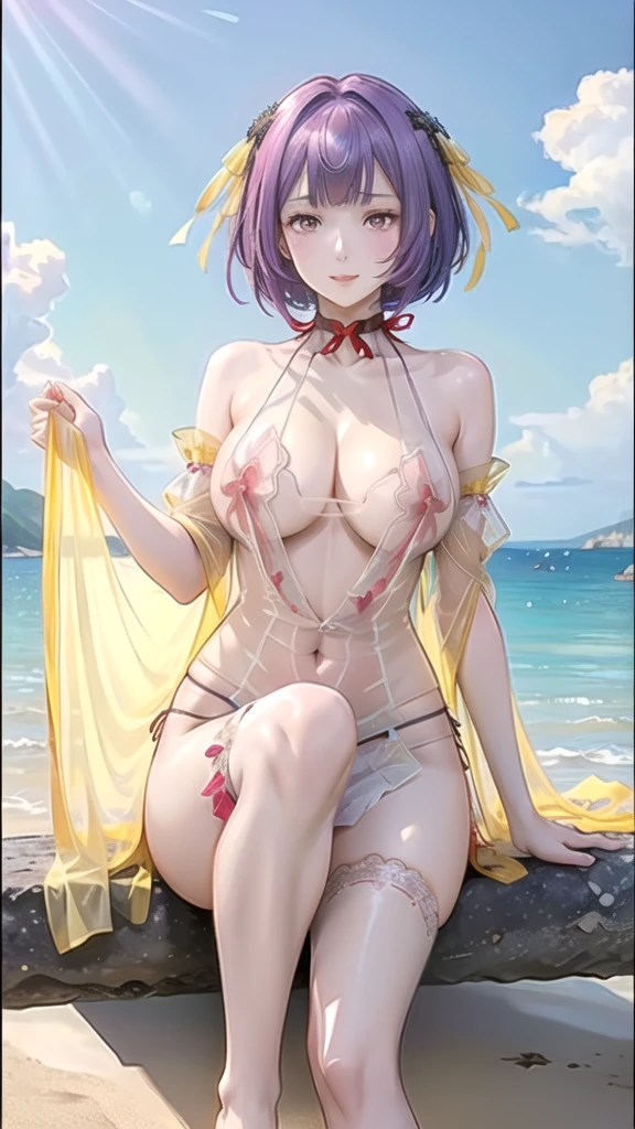 (((masterpiece, ultra HD, 8K quality))), (((clear and bright image))), anime, 1 woman, (((beautiful woman))), (((shining purple short hair))), (((shining attractive eyes))), ((((yellow eyes))))), (((eye highlights))), ((very long eyelashes)), (((very large breasts))), cleavage, (((beautiful sexy pose))), looking at the viewer, navel, (((cute smile))), water, thighs, bare shoulders, front tie top, arm support, narrow, ((((red colored see-through Love uniform))))), bare feet, collarbone, neck ribbon, halter neck, water's edge, (((summer beach in the background)))
