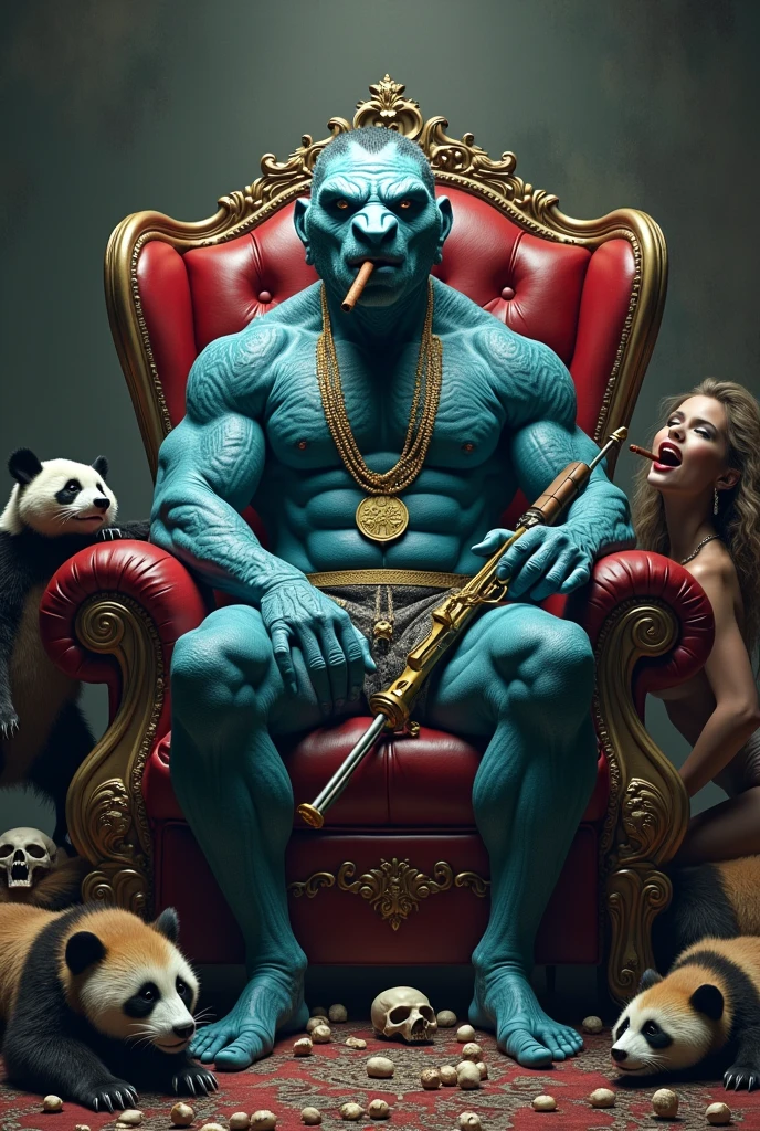 I want a realistic photo featuring a handsome, muscular man with blue skin, tattoos, and gold necklaces. The man has the head of a snake and is sitting on a throne. Around him, there are skulls, and lying on the ground are defeated hero characters, including a gorilla, panda, and raccoon. The character sitting on the throne is holding an otter. Next to the throne, there's a gold-plated AK-47, and he has a cigar in his mouth. On the other side of the throne, a beautiful blonde Italian woman with fair skin is hugging him from behind. There will also be a dead gorilla and panda on the ground, along with an otter and a raccoon.