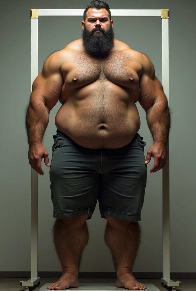 there is a young, hairy, bearded Brazilian man standing on a scale, ernest khalimov body, tall faces, athletic and beautiful, tall and muscular, incredibly strong and tall, Model posing, Mr. Universe, the perfect human male specimen, slightly muscular, Sébastien Chabal, quadris insanamente inflados, fairly muscular, absurdly muscular physique, absurdly huge physique, rubbery-looking body, Bulge, bulge, clothes on the floor being examined by a doctor.