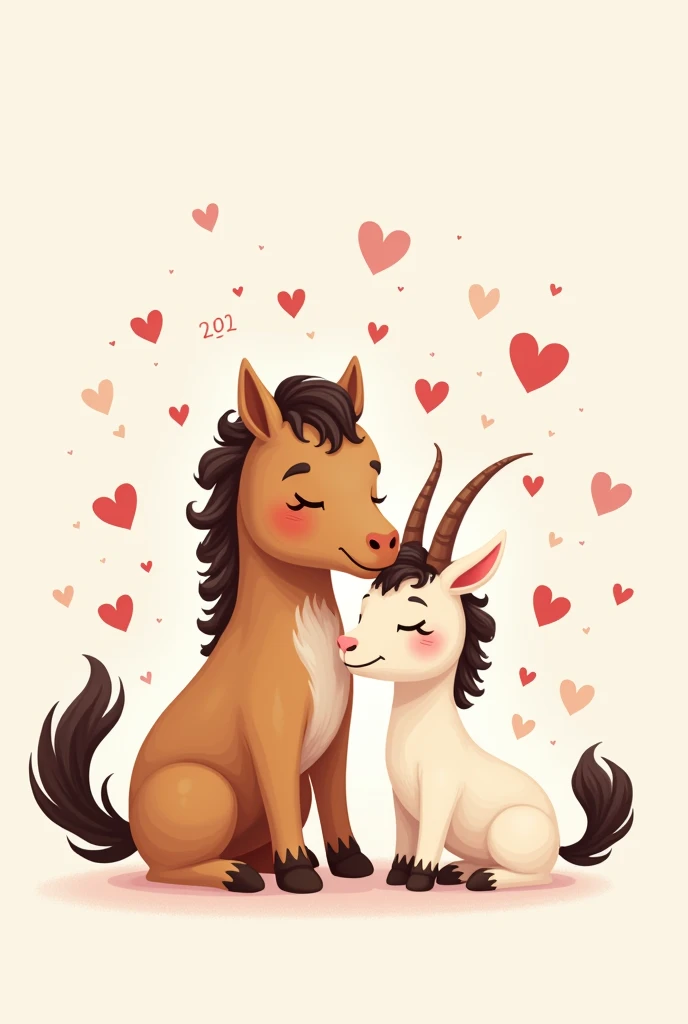 image of male horse 2002 and female goat 2003 as a couple, cute pictures with birth year and flying hearts

