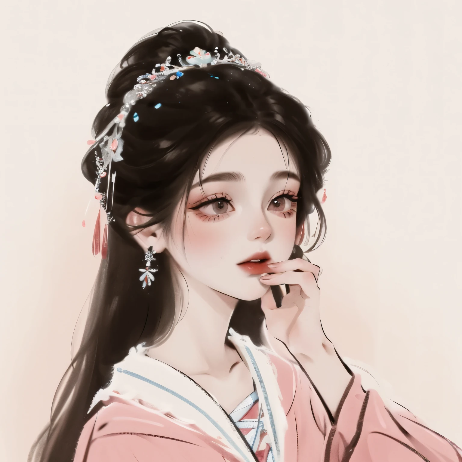 photoPractical, Lip Gloss, , Practical, best quality, Ultra-high resolution, depth, Pastel colors, Natural shade, focus on face, Face only, looking at the audience, long hair, Hair accessories, Black Hair, Brown, detailed eyes, skirt