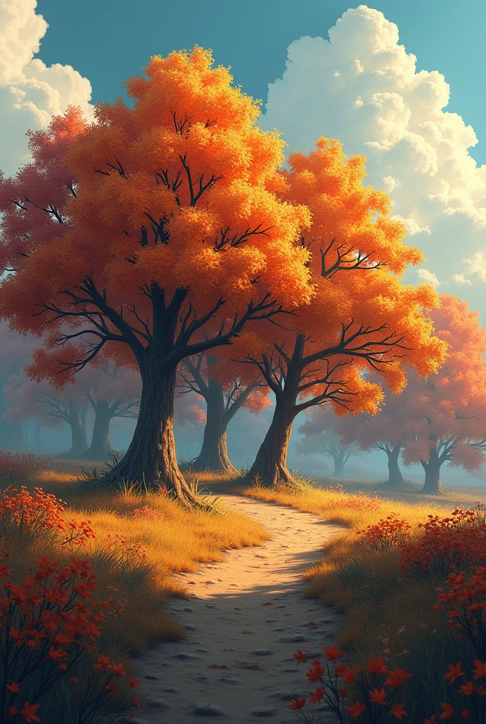 Autumn trees, somewhat dark, but not so much, just that it looks a bit cloudy, with the theme like the series "beyond the garden"