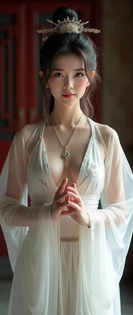 ((no)), best quality, Masterpiece, height, 1 girl, Chinese Hanfu, Chinese Architect Background, decorationsผม, necklace, decorations, Beautiful face, full body, Tyndall Effect, realistic, dark studio, By the light, Two tone light, (Highly detailed skin:1.2), 8g UHD, dslr, soft light, High quality, Volumetric light, Candlelight, Dark reflection, The shadow is not dark, High Key, photograph, high resolution, 4K, 8ก, Bokeh. from the front, Cowboy style photo of the upper torso of a female model, approximately 21-2.. Female model girl is wearing Chinese Hanfu that is classic traditional clothing of Tang Dynasty period and white color and ancient oriental long robe and made of very sheer and transparent silk so very see through bare skin, wearing nothing under her Chinese Hanfu, with closed her chest by her Chinese Hanfu, with all back covered by her Chinese Hanfu. The model has a deep bust., big breasts, Round and bouncy breasts, Anatomically correct pink nipple and areola, Small and slim waist, wide hips, charming thighs, The target has a lot of diamond hair., Clean vagina, so all of them are covered by her Chinese Hanfu, But it's all blurry and I can't see through it..