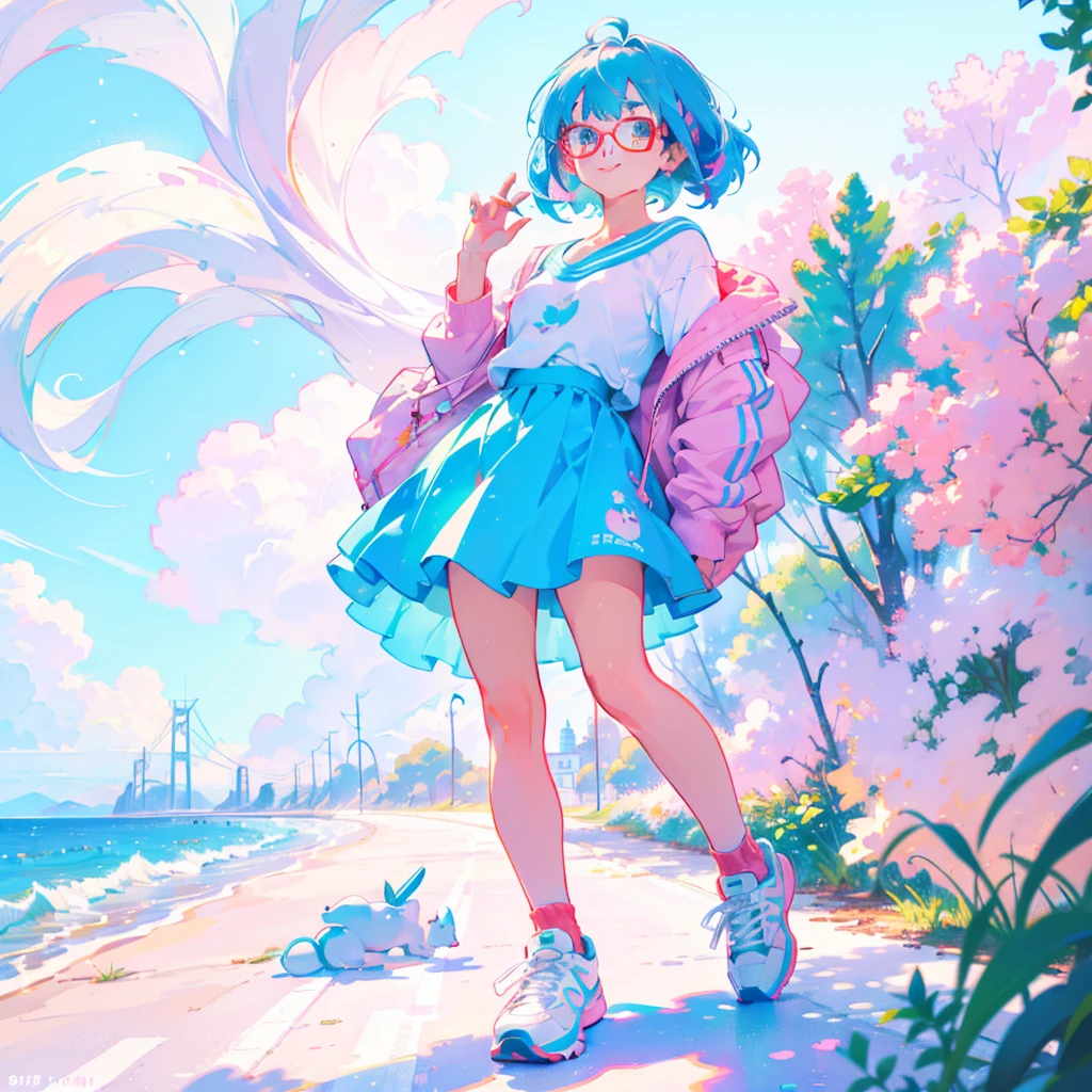 A cool beauty and colorful sneakers、pastel colour、Highest quality、An illustration、Great quality、OK、High resolution、8k wallpaper、Perfect dynamic composition、Cute 20 year old、Beautiful face in every detail、Small and cute eyes、Fine skin、(Red glasses)、Small breasts、smile