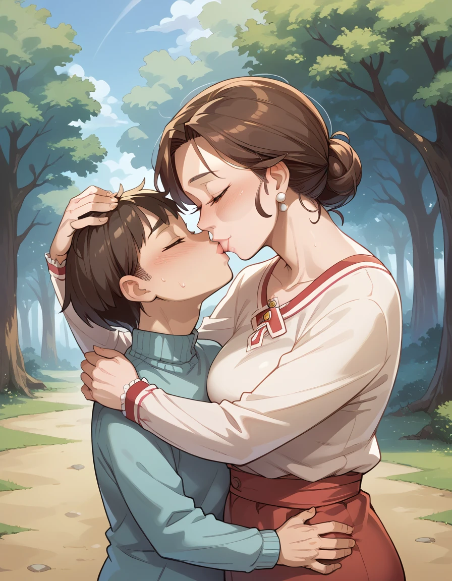 score_9, score_8_climb, score_7_climb, source_anime, childชาย 1 คน, 1 woman, mature woman, Grandmother and grandson, , hug, kiss, Put your hands on your head., kneel, big boobs, big butt,