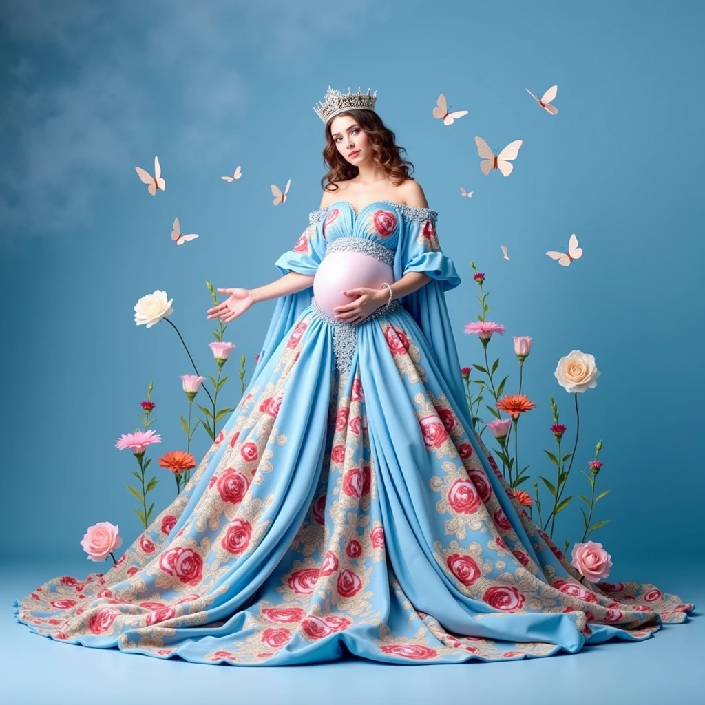 pregnant woman in a red gown surrounded by flowers and butterflies, an album cover by Willie Ito, shutterstock contest winner, rococo, queen of flowers, official artwork, maternal photography 4 k, cover shot, promo image, flower queen, real photoshoot queen of oceans, with a red background, portrait of queen of dreams, alternate album cover, promo shot, promo photo