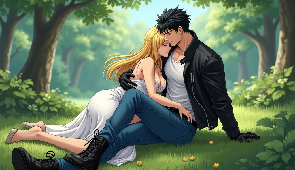 A muscular young man with black hair, wearing a white round-neck shirt and a black leather jacket over it, wearing blue jeans with a zipper down and an  penisking out, black gloves, a black belt, and black combat boots, Having sex with aonde woman wearing a white dress White dress and high heels In missionary pow in the forest, anime.