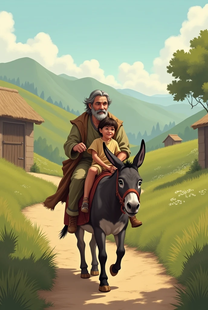 A man with his son on a donkey