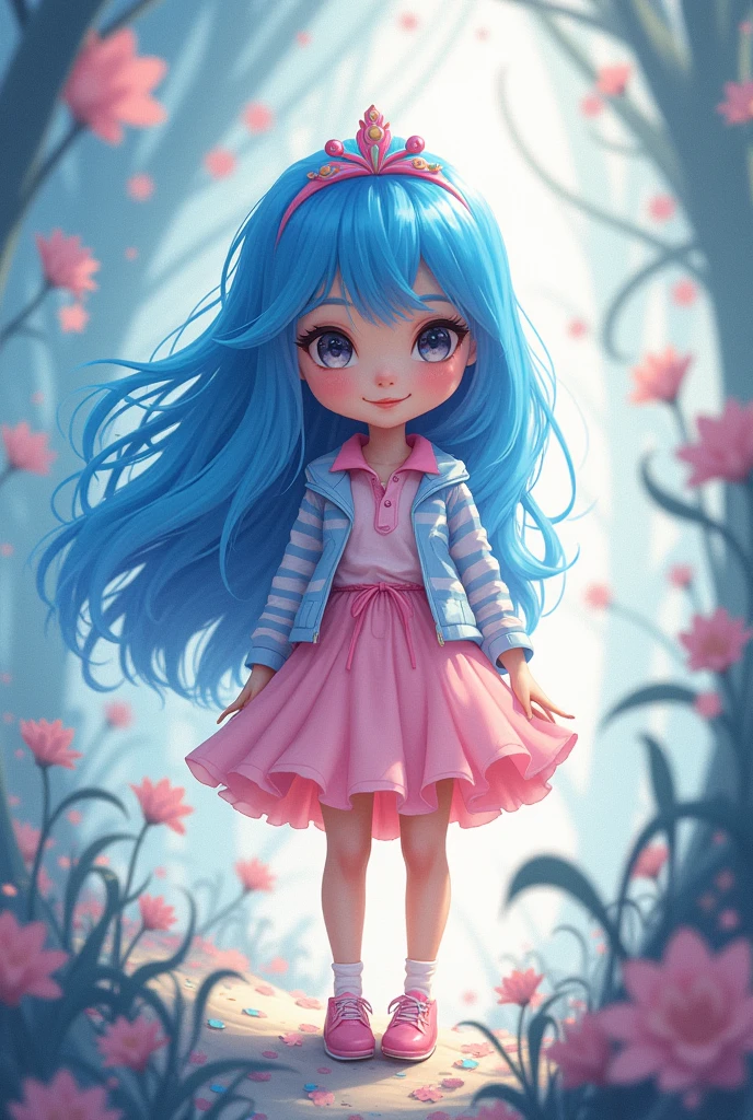 dreamy image, cute princess with blue hair, in an airy pink and blue knee-length dress, striped golf jacket and pink shoes, tamara laporte style, swirling magical fairytale style of abstract art —style raw
