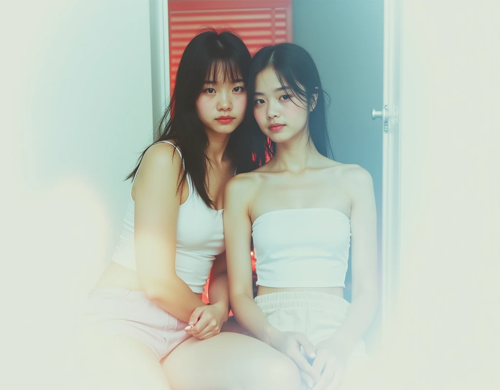 2 girls、 analog film photo, (Create a realistic and photorealistic photo image)、whole body、White tank top、Dimly lit place、Red light、Sitting、blur, tint, depth,