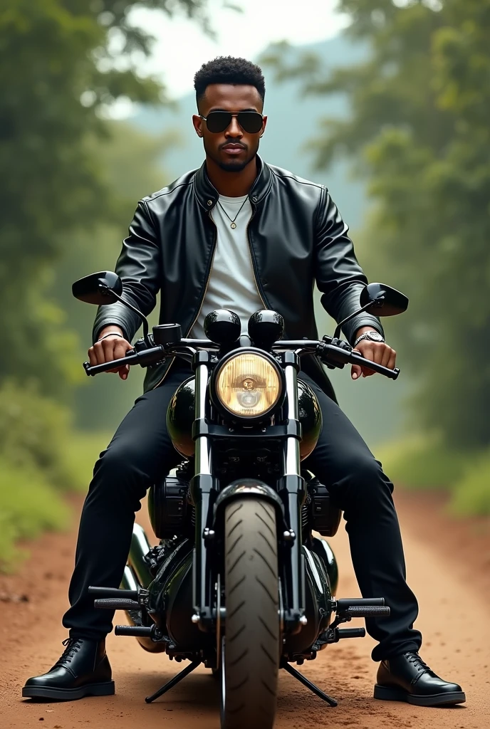 Illustration of a tall black man with fine features, wavy hair cut low, thin moustache, slim but defined body, sitting on top of a black Yamaha drag star 350cc motorcycle wearing black jeans and a black leather jacket with a white shirt underneath, wearing black Ray ban sunglasses. He is on a dirt road with trees behind, typical of the city of Vitória da Conquista Bahia Brazil.