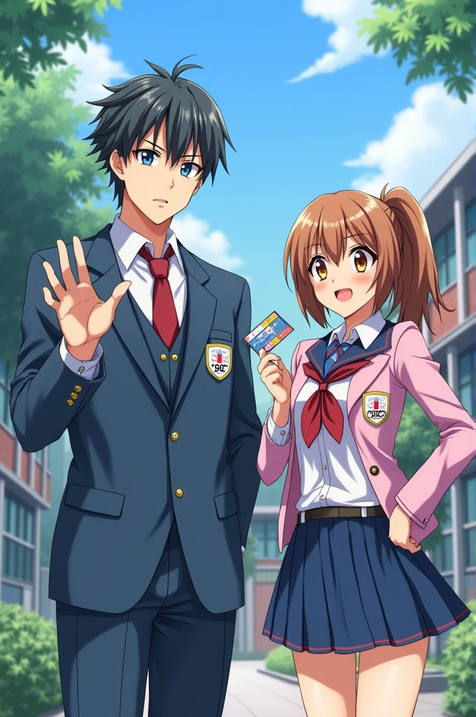 made a picture of two  male and female students wearing junior high school student council uniforms, campaigning for the election of student council president in the school environment