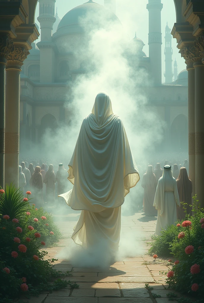 An ethereal scene capturing the arabian bald jin vanishing into swirling mist and light, leaving behind a sense of magic and fulfillment in an ancient city.
Here are also a garden,flower and a lot of people