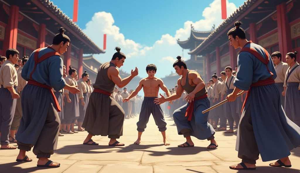 Excellent Works，4K high-definition images。Antique anime style Excellent Works，Antique anime style，Tang Chang&#39;an，Close-up shot of an ancient market in clear weather，The crowd onlookers hid in fear.，Middle of the street，Several strong men beat a young man with sticks。Second Dimension