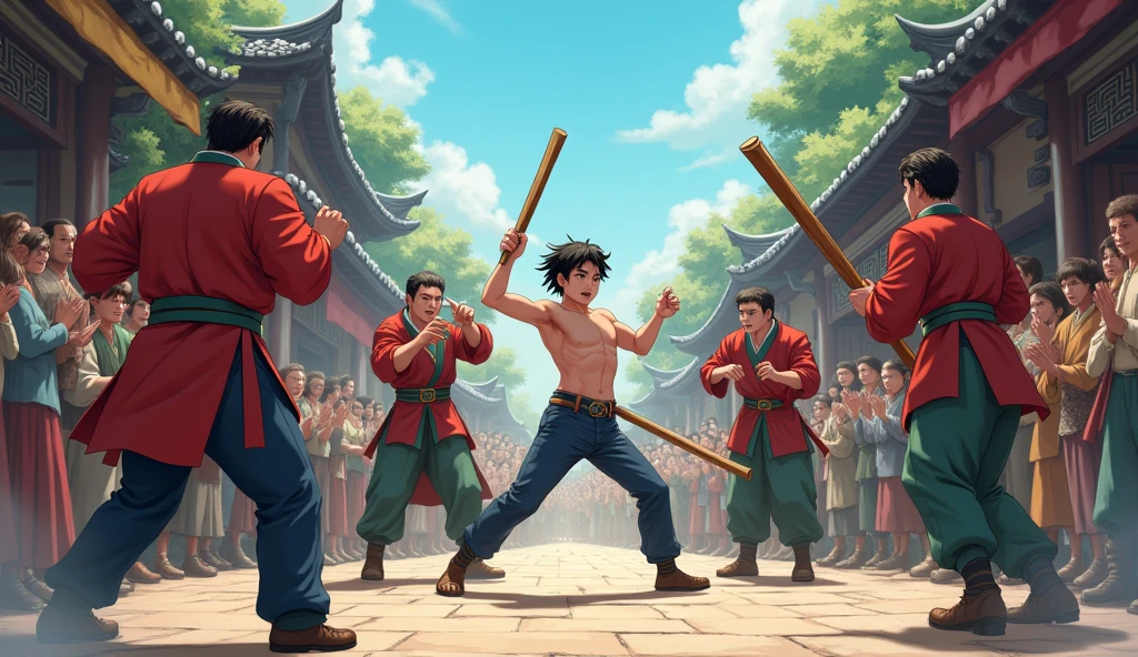 Excellent Works，4K high-definition images。Antique anime style Excellent Works，Antique anime style，Tang Chang&#39;an，Close-up shot of an ancient market in clear weather，The crowd onlookers hid in fear.，Middle of the street，Several strong men beat a young man with sticks。Second Dimension