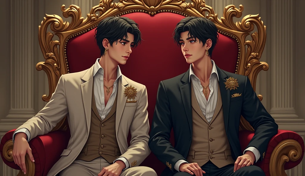 Two princes With short black hair, They sit on the throne