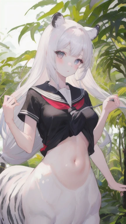 (best quality, masterpiece), 1 girl, centaur, I beg, White skin, Japanese schoolgirl,daughter,black pink, exposing the abdomen, belly button t-shirt , beautiful girl perfect, White tiger photo, perfect jungle photo
