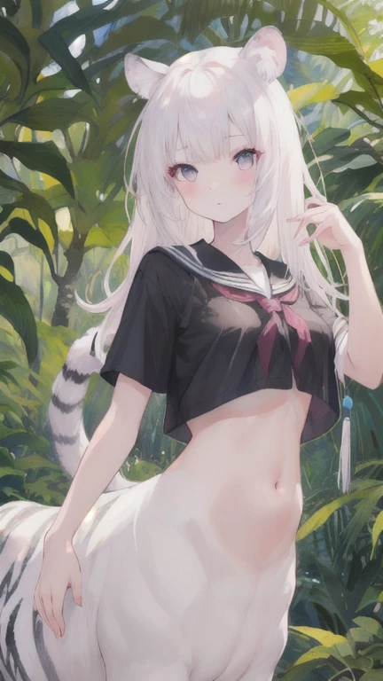 (best quality, masterpiece), 1 girl, centaur, I beg, White skin, Japanese schoolgirl,daughter,black pink, exposing the abdomen, belly button t-shirt , beautiful girl perfect, White tiger photo, perfect jungle photo