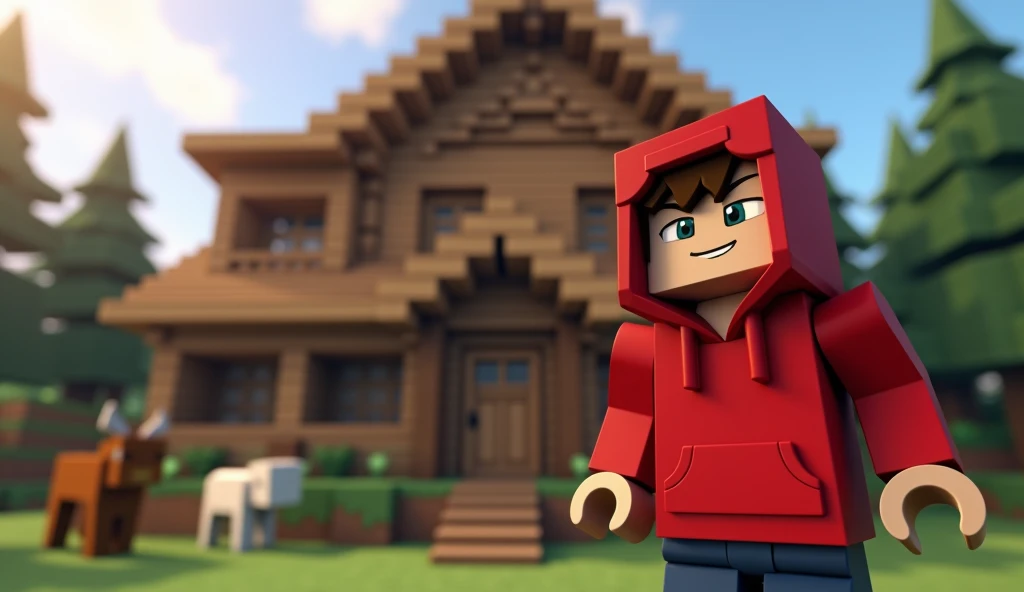 Youtube Thumbnail (Make A Minecraft Character Wearing red Hoodie Showcasing A Big Beautiful Wooden House With Text (Survival Series #2) also add some beautiful animals and good