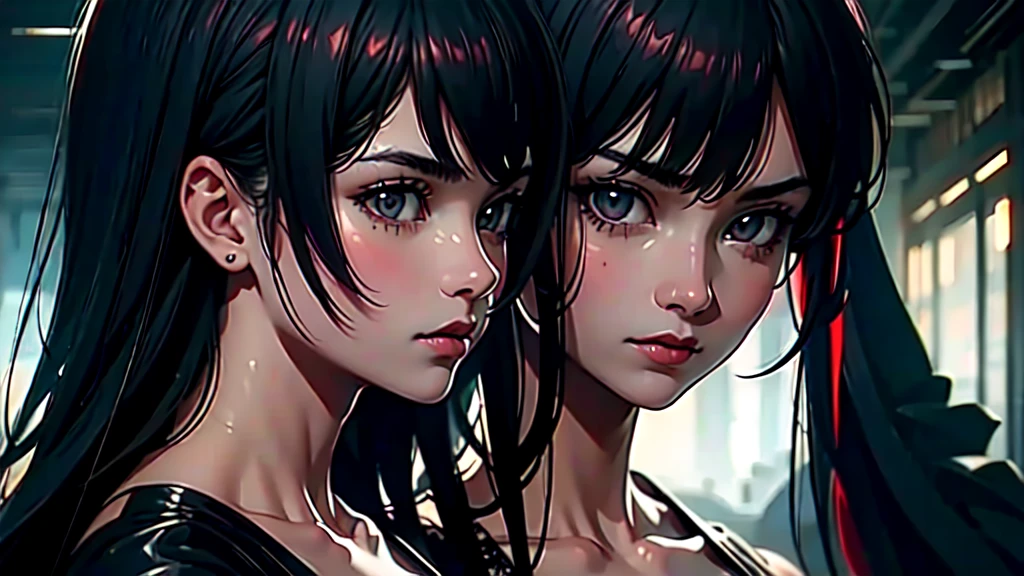 A 16k realistic portrait masterpiece, realistic soft detailed lines, highest resolution, every detail, meticulousness, depth of field, bright colors, beautiful composition: a girl age girl with dark hair and highly detailed innocent eyes, standing against a dark and ominous landscape. sexy silk dress.