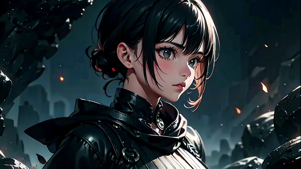 A 16k realistic portrait masterpiece, realistic soft detailed lines, highest resolution, every detail, meticulousness, depth of field, bright colors, beautiful composition: a girl Teenage girl with dark hair and highly detailed innocent eyes, standing against a dark and ominous landscape. sexy silk dress.