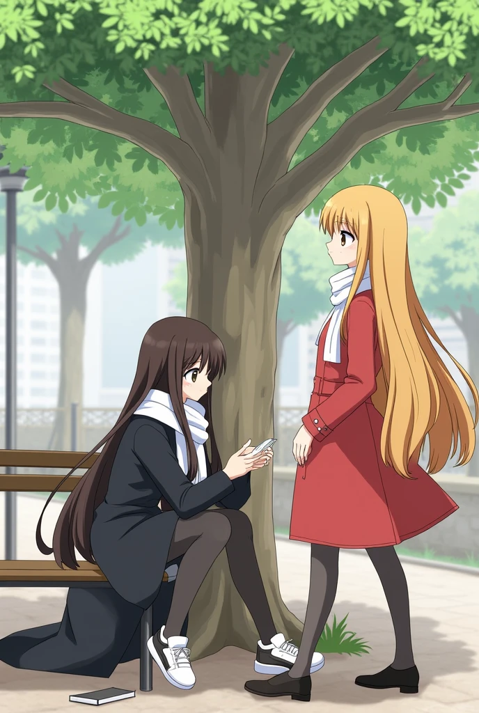 A young woman was sitting under a large tree in a public park. The young woman was wearing a black coat and a white scarf. Her long dark brown hair covered her face. Beside her was a small notebook. She seemed to be concentrating on what was in the notebook. A young woman with long golden hair, wearing a bright red coat and a white scarf, walked over to greet her. 