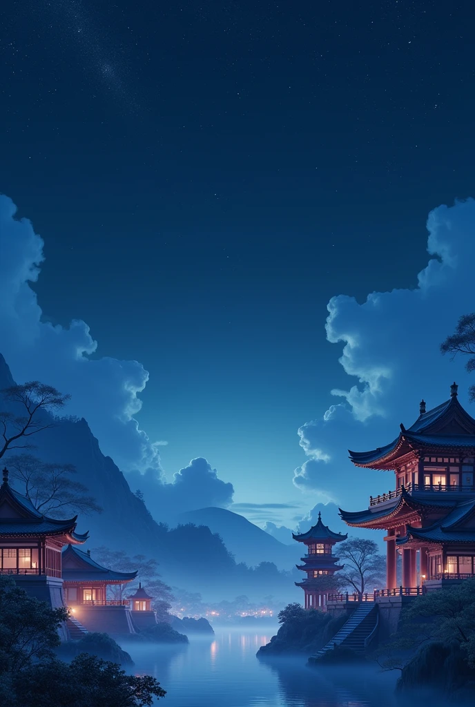 Create a serene landscape depicting traditional Asian architecture such as pagodas and lanterns, all softly illuminated under a stunning night sky filled with stars. Use navy blue and dark blue shades to enhance the tranquil atmosphere. Add subtle visual effects like gentle mist or fireflies to create depth. Ensure there’s a vacant portion in the composition for logo placement and text. Render in 8K resolution.